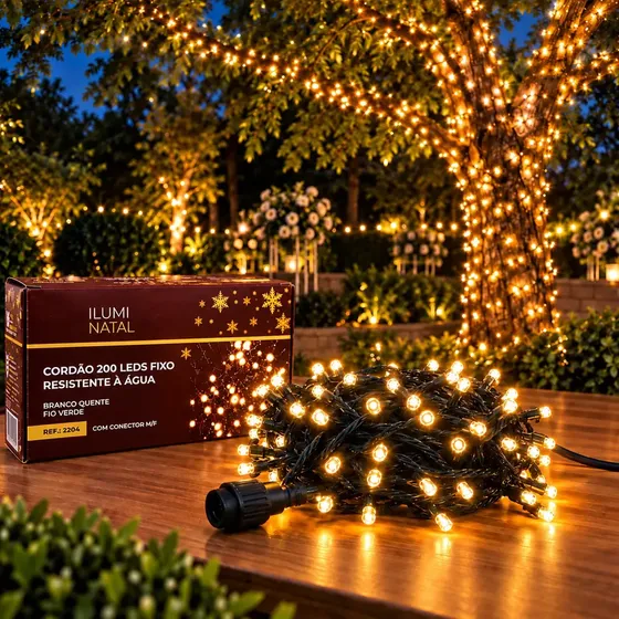 Cordão 20m 200 Leds Blindado Luz Fixa 20 Metros Contínuos P/ Árvore Natal Prova D'água Ip44 Fio 1.8mm Lph Pisca Pisca De Natal Fixo Conexão Macho Fêmea Luzes Natal Decoração Branco Quente 220