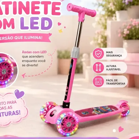 Patinete Curb 3 Rodas Infantil Luzes Menino Menina Cor Rosa