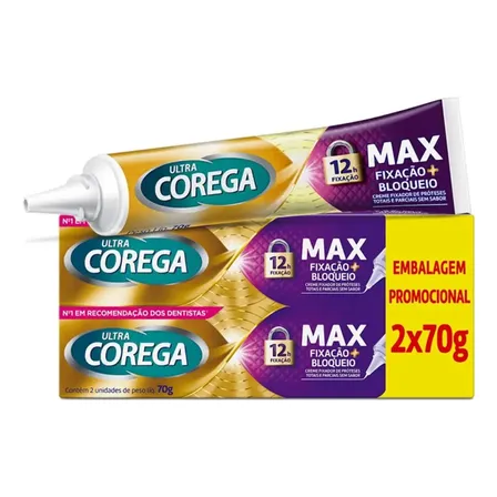 Kit Ultra Corega Creme Max Fixação+ Bloqueio Sem Sabor 2x70g