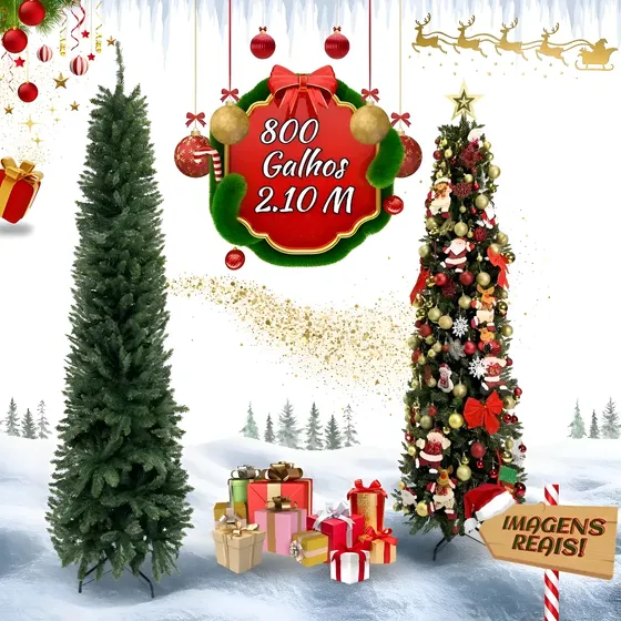 Árvore Natal Slim 2,10m 800 Galhos Pinheiro Tradicional Fina Luxo Cheia Luvinco