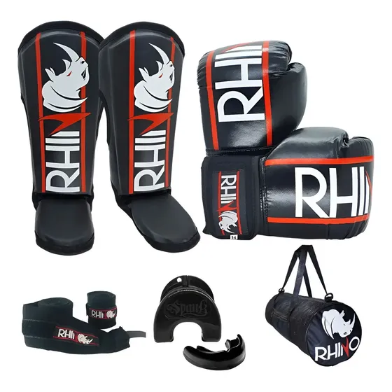 Kit Muaythai Kickboxing Luva Caneleira Bandagem Bucal Bolsa Profissional Treino Artes Marciais Cor Preto Rhino Tamanho 12oz
