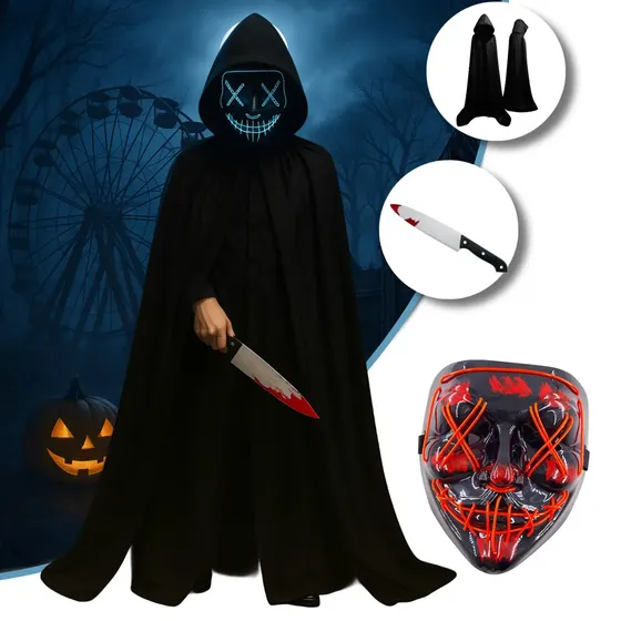 Kit Fantasia Completa Halloween Festa Fantasia Terror Cosplay Máscara Led Neon Capa Cetim Vampiro Drácula Faca Realista - The Purge Uma Noite De Crime