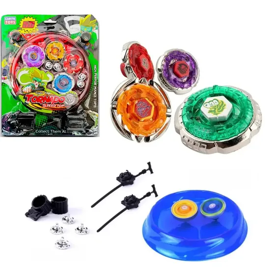 Kit 4 Beyblade Tornado Metal 5d Com Luz Led + 2 Lançador + Arena De Batalha Completa Presente Menino