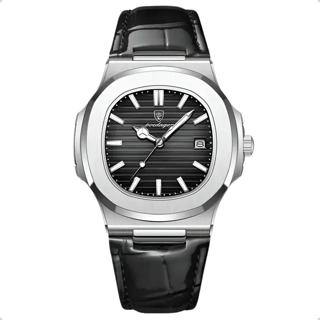 Relógio Classic Vintage Suíço Masculino Em Couro Esportivo Correia Preto Bisel Prateado Fundo Preto