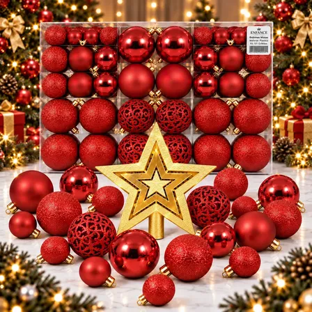 Kit 100 Bolas Estrela Enfeite Árvore De Natal Pendente Brinde Ponteira Bolinhas Vermelhas Enfance Decoração Natalina