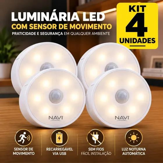 Kit 04 Luminária Led Recarregável Com Sensor De Movimento E Presença, Luz Noturna Automática Sem Fio Para Armário, Escada, Quarto E Parede Navi Navi