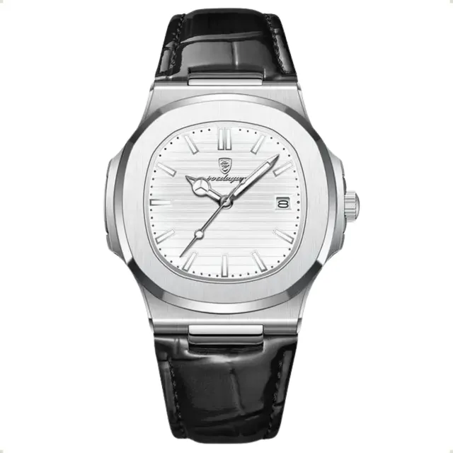 Relógio Classic Vintage Suíço Masculino Em Couro Esportivo Correia Preto Bisel Prateado Fundo Branco