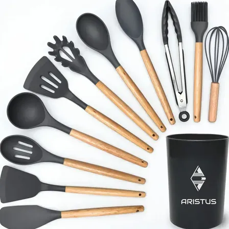 Kit 12 Utensílios De Silicone Com Cabo De Madeira - Marca Aristus Com Alta Resistência, Durável E Com Design Moderno, Perfeito Para Sua Cozinha Cor Cinza
