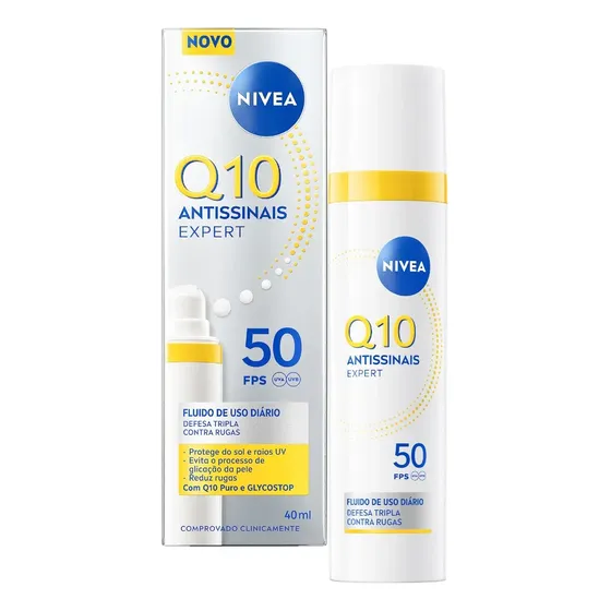 NIVEA Q10 Antissinais Fluido Diário FPS 50 40ml, Reduz e Combate Rugas, Pré-Maquiagem, Toque Seco, Tecnologia Glycostop, Cuidado Facial