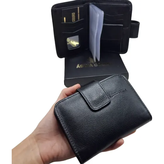 Carteira Feminina Couro 100% Legítimo 6 Porta Cartões Com Espelho E Fecho Magnético Dourado Preto Liso