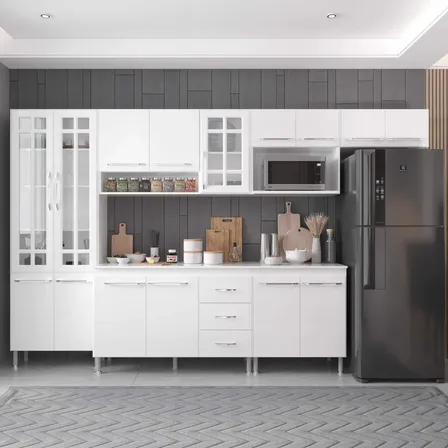 Armário de Cozinha Modulada Completa Fidelitá Viena 6 Peças 330cm 15 Portas 3 Gavetas Com Tampo Branco