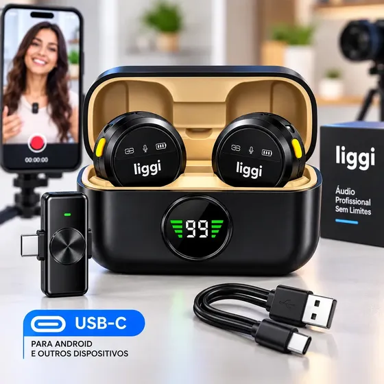 Microfone Lapela Redondo Imã Sem Fio Preto Duplo Anti Ruído Cor Preto - Tipo-C para Android ou IPhone 15 16 17 e 18