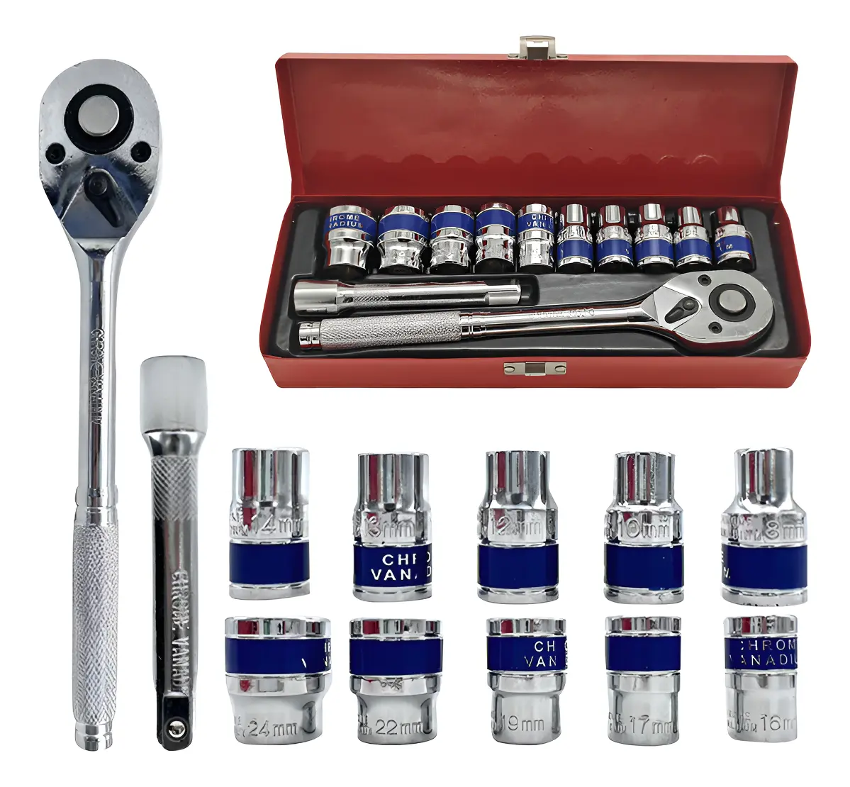Jogo Kit Soquetes Sextavado 8mm A 24mm 1/2 Catraca 12 Peças Vermelho