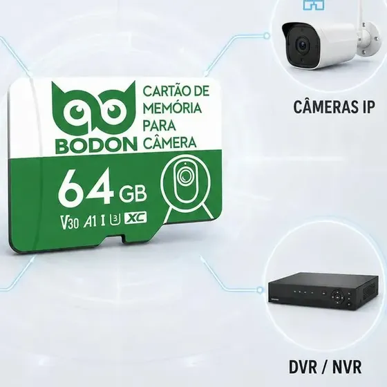 Cartão MicroSD 64GB Bodon para Câmera Segurança Monitoramento Premium