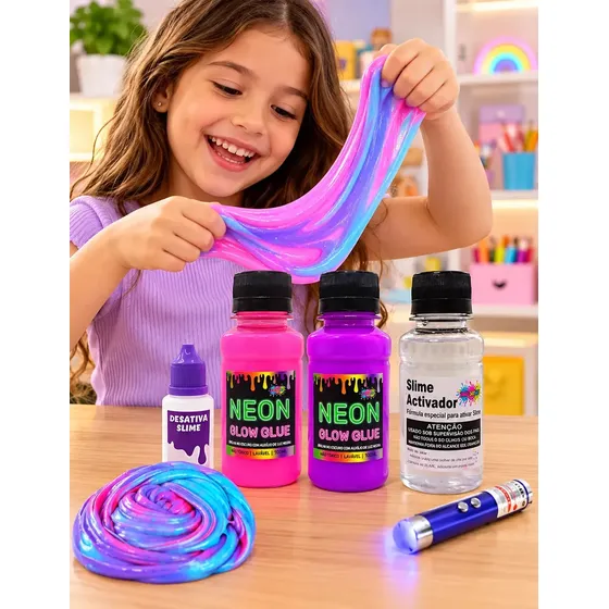 Kit Slime Neon Fluorescente 5 Peças Ine Slime com Cola e Ativador