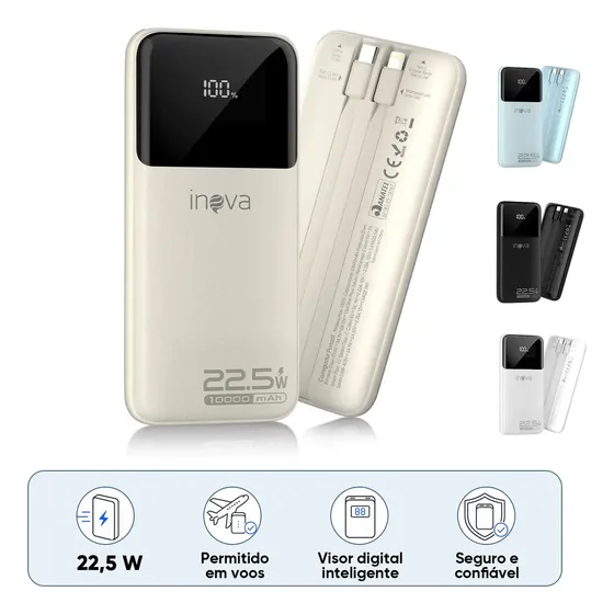 Carregador Portátil Inova Power Bank 10000mAh para iPhone e Samsung Com Carregamento Rápido de 22.5W