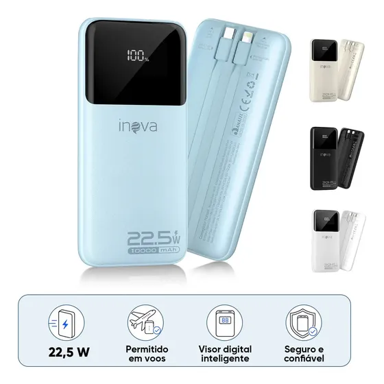 Carregador Portátil Inova Power Bank 10000mAh para iPhone e Samsung Com Carregamento Rápido de 22.5W