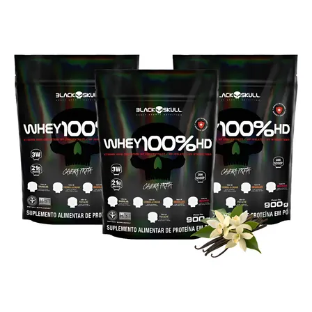 Whey Protein 100% Hd Kit 3 Unidades Suplemento Black Skull Sabor Baunilha