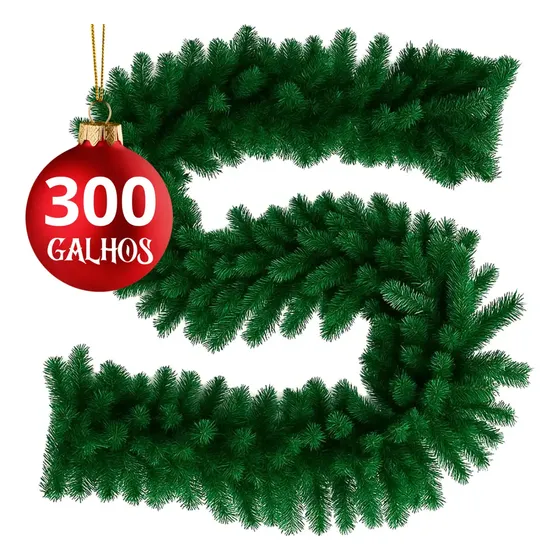 Festão Natal Aramado Grosso 270cm 300 Galhos Premium Grande Cheio Luxo Varanda Lareira Corrimão Escada Revolux