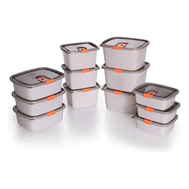 Kit Potes Plástico Retangular Plasútil Com Tampa Fixa Para Micro-ondas E Freezer 12 Peças Tampa Fendi 206/ Corpo Cinza 1462/ Valvula Laranja 580