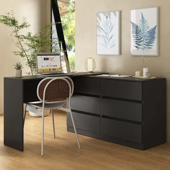 Mesa Diretor Em L 120cm C/ 6 Gavetas Flex Multimóveis Mp6030 Preto