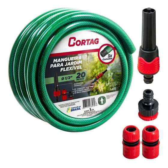 Mangueira Verde 20m Para Jardim 1/2 Com Esguicho Trançada Reforçada Em PVC Cortag