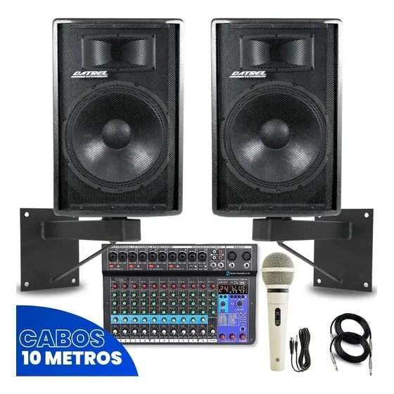 Kit 2 Caixa Som 600w Rms 15 Polegadas Driver Titanio Amplificada Ativa Passiva Acustica Profissional Console Mesa 12 canais Bluetooth Mixer Combo 2 Microfone com Fio Suporte Parede Igreja