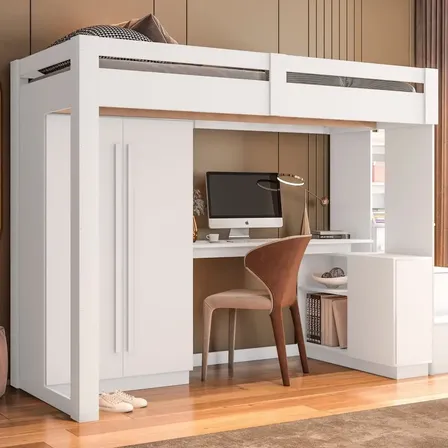 Cama Alta Multifuncional Solteiro Branco Yescasa com Roupeiro e Escrivaninha