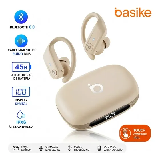 Fone De Ouvido Sem Fio Basike Ba-FON318 TWS Bluetooth 6.0 Cancelamento De Ruído 45H Display Digital Baixa Latência IPX6 Touch Esportivo