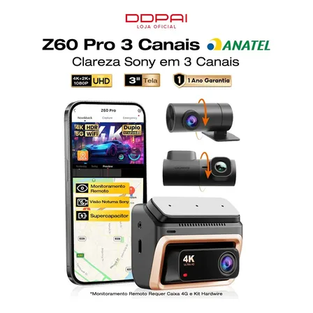 DDPAI Z60 Pro 3'' IPS Câmera Veicular Automotiva 3 Canais com Sensores Sony Starvis 2 IMX678+IMX662, Dashcam 4K+2K+1080P Dual HDR, Suporte 4G LTE, 5G WiFi, GPS e Visão Noturna para Carro