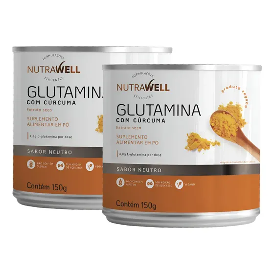 Glutamina com Cúrcuma Nutrawell 150g Neutro Kit 2x Sem Glúten Vegano