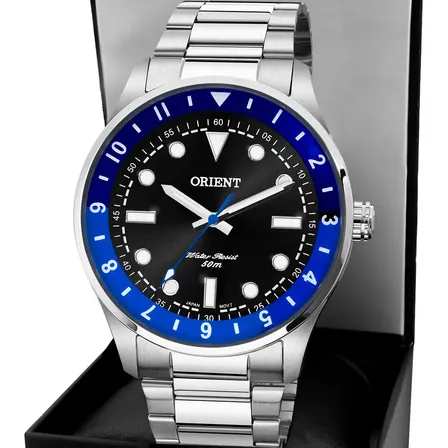 Relógio Orient Masculino Mbss0013p1sx Analógico Fundo Preto Luneta Azul Prateado