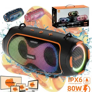 Boombox Basike Portátil 80W à Prova D'Água c/ Grave Potente, RGB e TWS