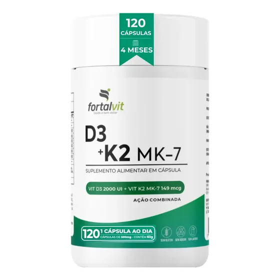 D3 2000ui Vitamina K2 Mk7, 120 Cápsulas, 4 Meses, Fortalvit - Sem Sabor