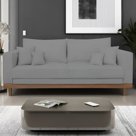 Sofá Living 3 Lugares Linho Grafite Reforçado Base Madeira Com Almofadas