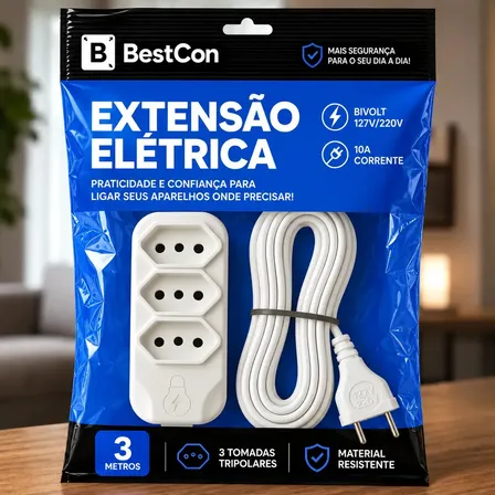Extensão Elétrica 3 Metros com 3 Tomada Bivolt Branco Bestcon