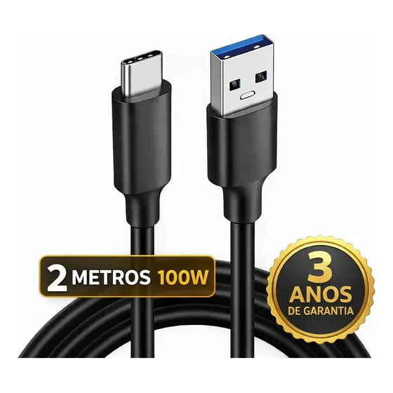 Cabo Usb Tipo C 100W 2 Metros turbo Compatível Samsung Galaxy S25 S24 Plus S23 Fe S22 S21 S20 A16 A15 A22 A13 A14 A55 A53 A54 A06 A0 iphone 15 16 17 Pro Max Carplay Auto Android Ps5 Dtimp