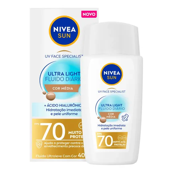 NIVEA Protetor Solar Facial UV Face Specialist Ultra Light Fluido Diário FPS 70 Cor Média 40ml, Muito Alta Proteção UVA/UVB, Hidratação Imediata, Pele Uniforme