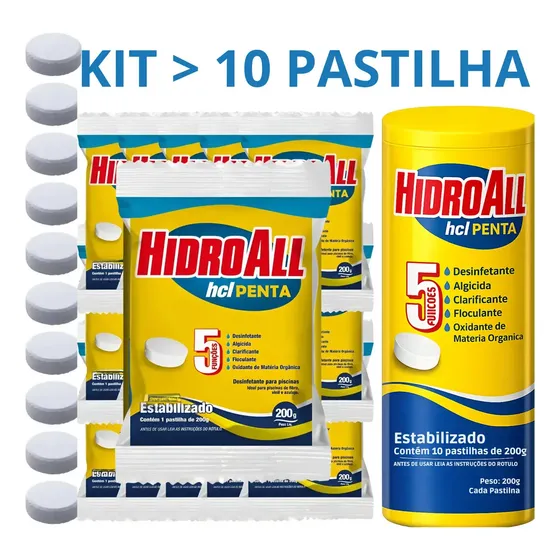 Kit 10 Pastilhas Penta 5 Em 1 Hidroall Tratamento De Piscina