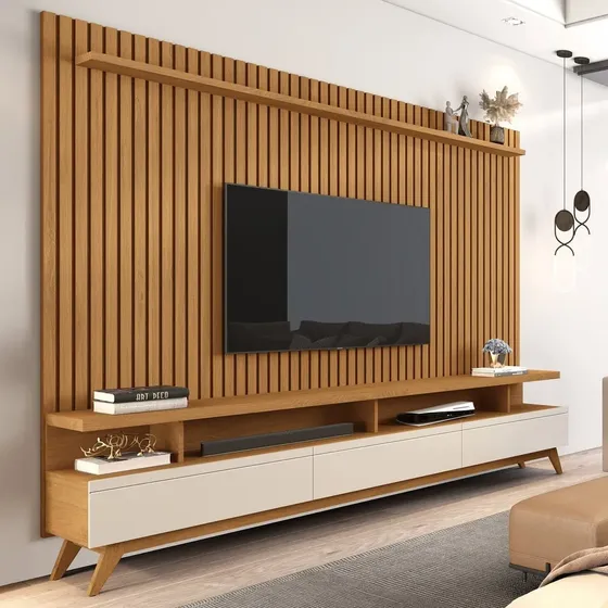 Rack com Painel Ripado Giga Móveis para TV 86'' Pés Madeira Vivare Nature/Off White