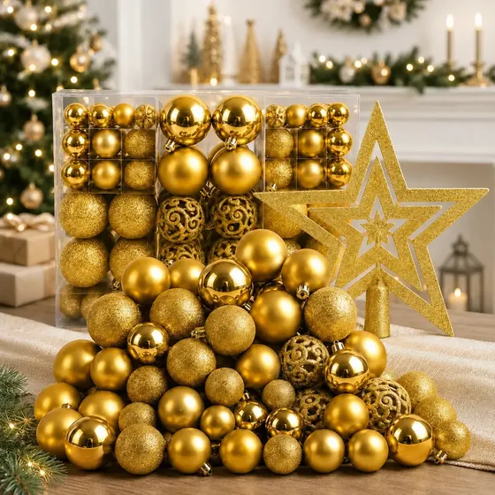 Kit 100 Bolas + Estrela Pendentes P/ Decoração Árvore De Natal Bolinhas Dekasa Premium Lisas/foscas/glitter - Dourado