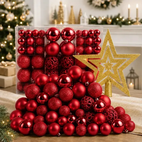 Kit 100 Bolas + Estrela Pendentes P/ Decoração Árvore De Natal Bolinhas Dekasa Premium Lisas/foscas/glitter - Vermelho