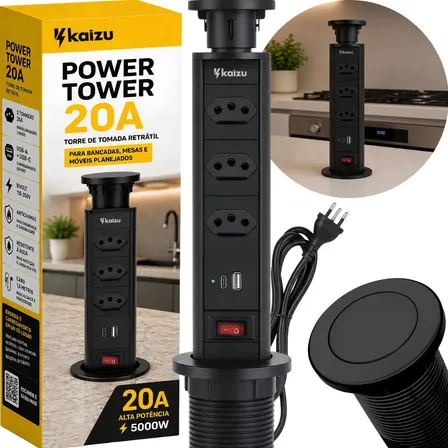 Torre De Tomada 20a Embutir Bancada Mesa Retrátil Inteligente Multiplug Impermeável Kaizu Com 3 Tomadas + Usb + Usb-C Bivolt Preto