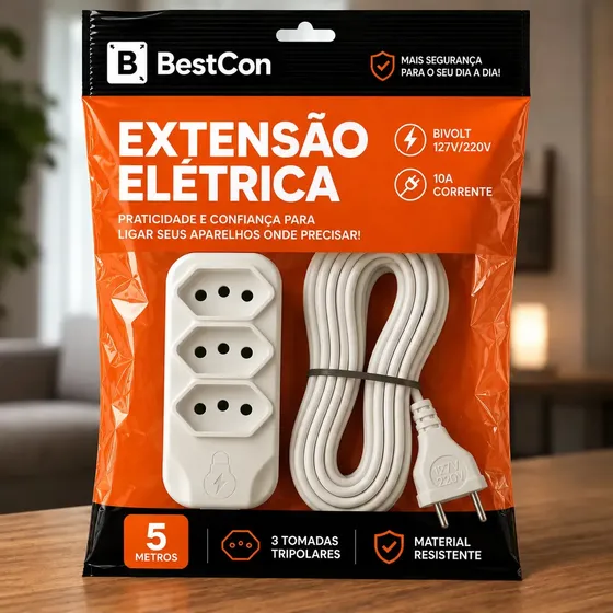 Extensão Elétrica 5 Metros Com 3 Tomada Bivolt 10a Branca Bestcon Branco 127/220v