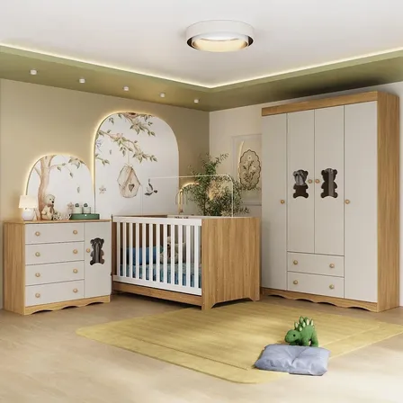 Quarto De Bebê Completo Com Berço Americano 3 Em 1 Doçura Multimóveis Mp4646 Madeirado/off White