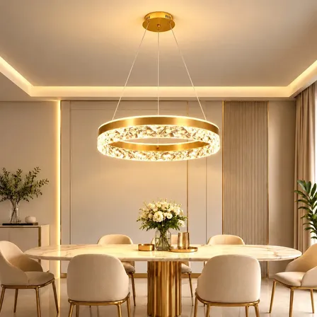 Lustre Pendente Led Redondo Dourado Com 50cm, De Acrílico E Metal, 56w Bivolt E 3 Temperaturas, Da Tieesa 127/220v