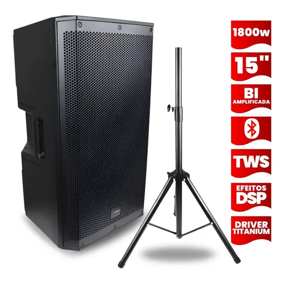 Caixa Som 1800w 15 Polegadas Bi Amplificada Driver Titanium 450w RMS SPL 123db Dsp Tws Bluetooth Usb Ativa Acustica Profissional Potente Grave Efeitos Igreja Karaoke Eventos + Suporte Pedestal Tripe