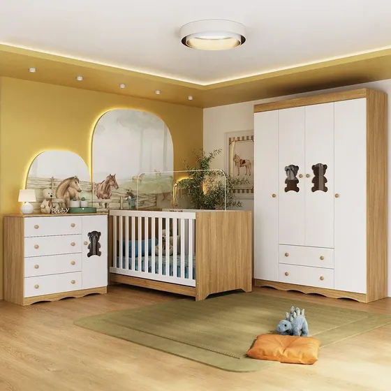 Quarto de Bebê Completo com Berço Americano 3 em 1 Doçura Multimóveis MP4646 Madeirado/Branco