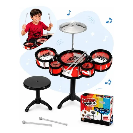 Bateria Infantil Completa com Banquinho e 5 Tambores Mini Bateria de Brinquedo com Prato e 2 Baquetas Instrumento Musical para Crianças Montada 43x40cm Kizumba