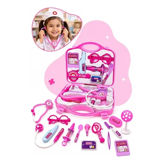 Kit Médico Infantil Maleta de Médico de Brinquedo com Acessórios Maletinha Doutor Faz de Conta Brinquedo de Profissão Educativo para Crianças Rosa Kizumba